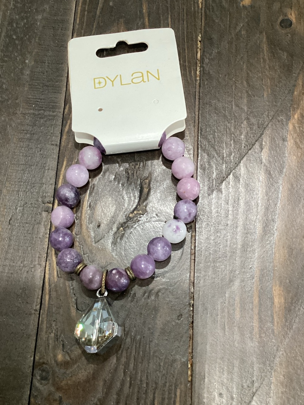 dylan Lavender and Violet Beaded Bracelet with Crystal Charm